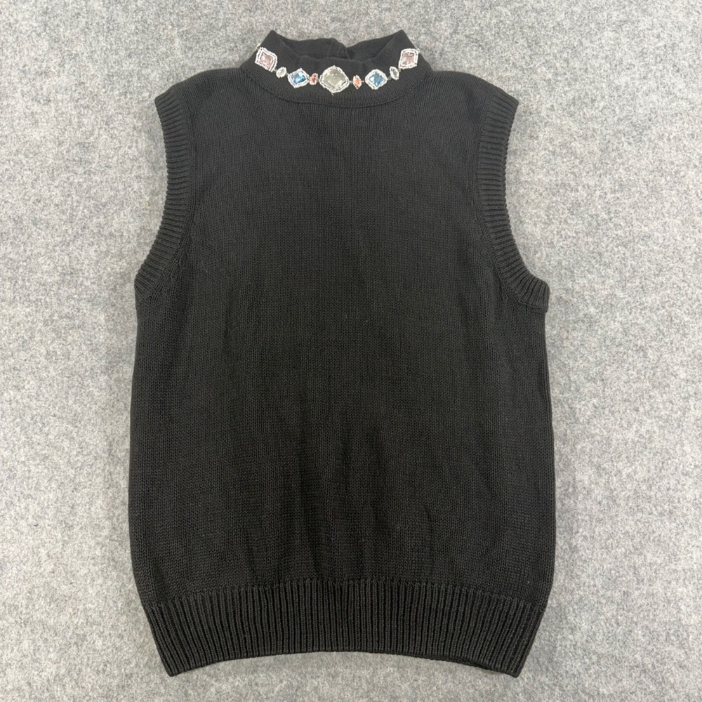 Side Lines Black Knit Sweater Vest Mock Neck Jeweled Beaded Sleeveless Large